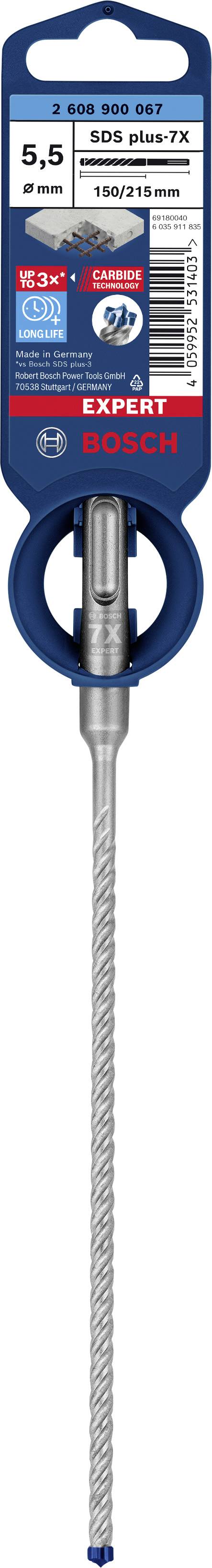 Bohrerpackung von Bosch, 5,5x100/165 mm, geeignet für Beton, Farbe Blau und Rot, zeigt Produktinformationen und Markenlogo.