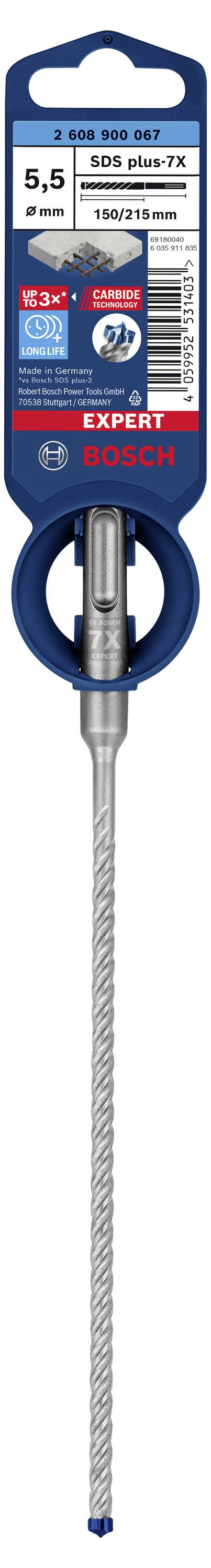 Bohrer SDS plus-7X von Bosch, Durchmesser 5,5 mm. Leistungshinweise und Markenzeichen auf Verpackung. Geeignet für Beton.