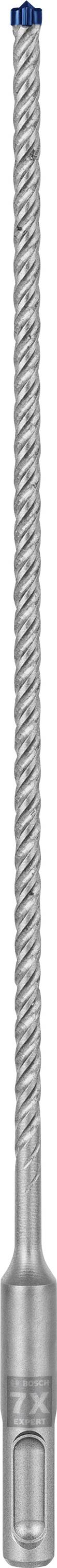 Silberner Metallbohrer mit spiralförmigen Rillen und blauem Ende, geeignet für Bohren in Beton und Mauerwerk.
