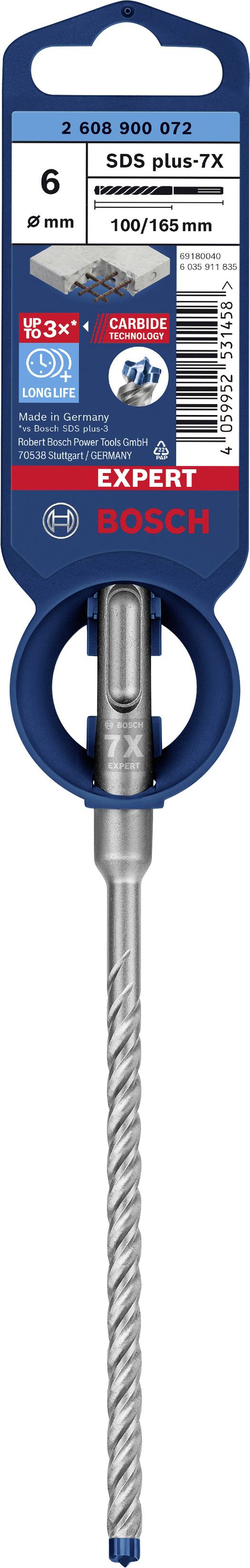 Bohrer 'Expert Bosch SDS plus-7X', für Beton und Stahlbeton, 6 x 100/165 mm, Verpackung zeigt Bohrerspitze und Markenlogo.