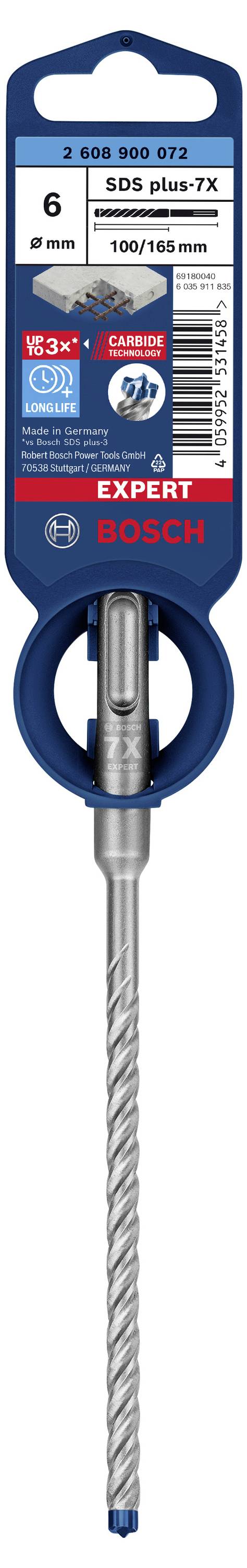 'Bosch SDS plus-7X Hammerbohrer', zeigt die Größe 6mm x 100/165mm und 'EXPERT'-Technologie für effizienteres Bohren in Beton.