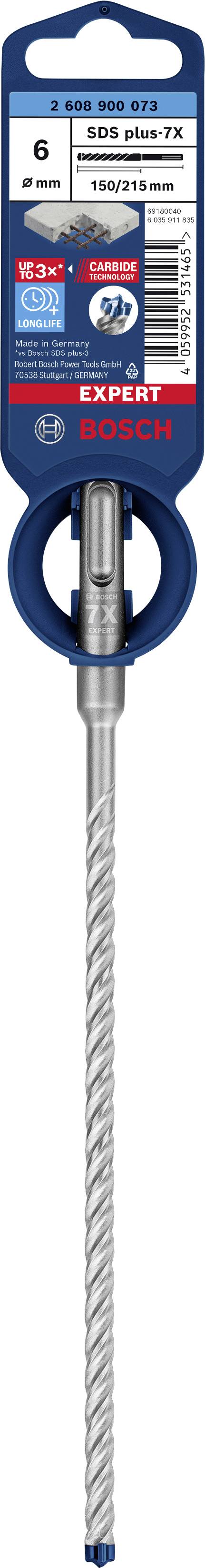 'Bosch 309 6mm-7X' SDS-Bohrer mit Verpackung. Enthält Informationen zu Größe, Typ, Herstellerlogo und Anwendungshinweisen.