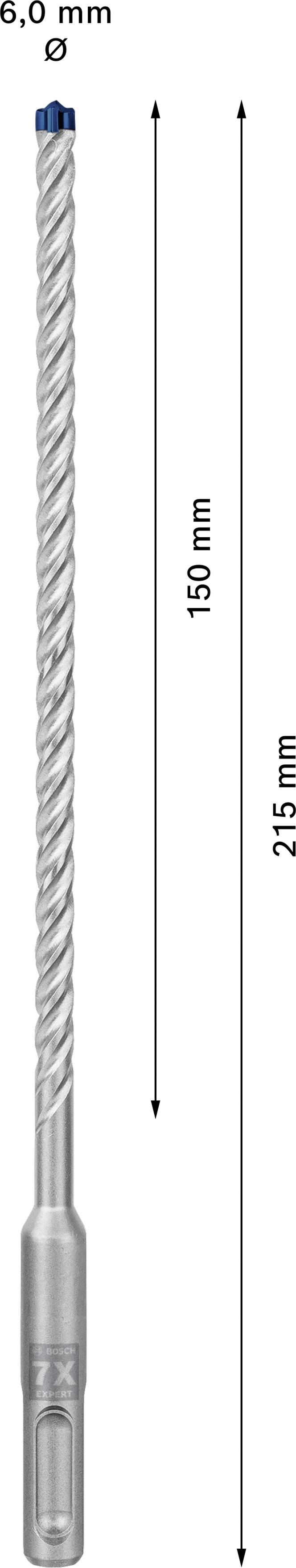 Abbildung eines Bohrers, 6,0 mm Durchmesser, 150 mm Nutzlänge, 215 mm Gesamtlänge, geeignet für präzises Bohren in Beton.