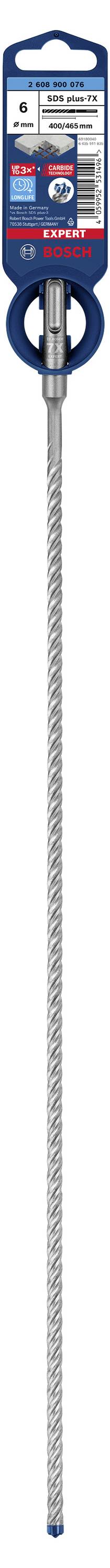 Langer, silberner Bohrer mit blauer Verpackung und Etikett, geeignet für Beton- und Steinbohrungen.