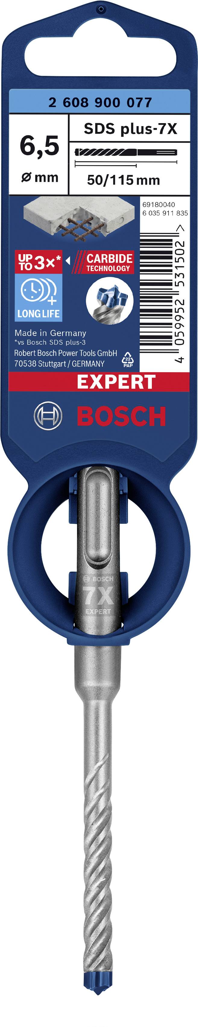 Bohrer mit SDS plus-7X, Durchmesser 6,5 mm, Länge 115 mm. Verpackung zeigt Markenlogo, Produktmerkmale und Herstellung in Deutschland.