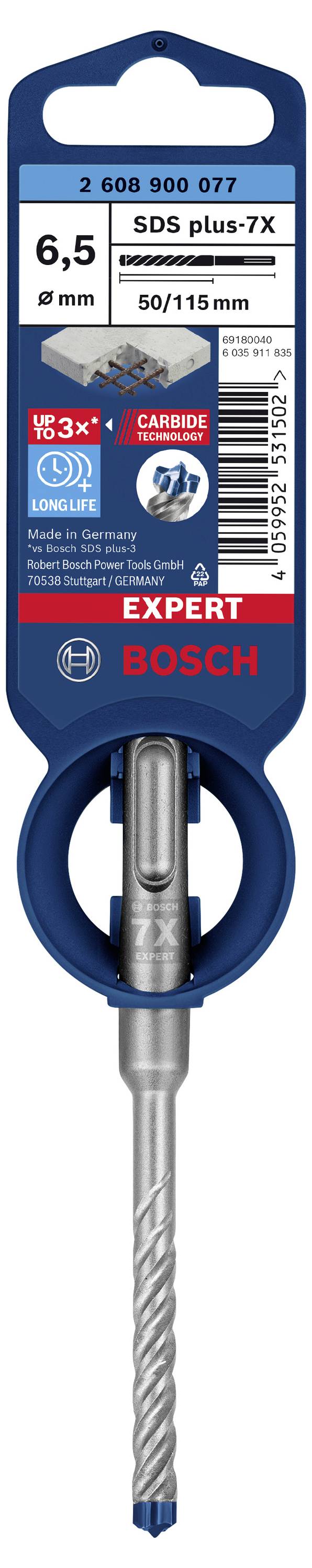 Bohrer SDS plus-7X von Bosch, Durchmesser 6,5 mm, für Beton eignet sich für professionelle Einsätze, mit Kennzeichnungen auf der Verpackung.