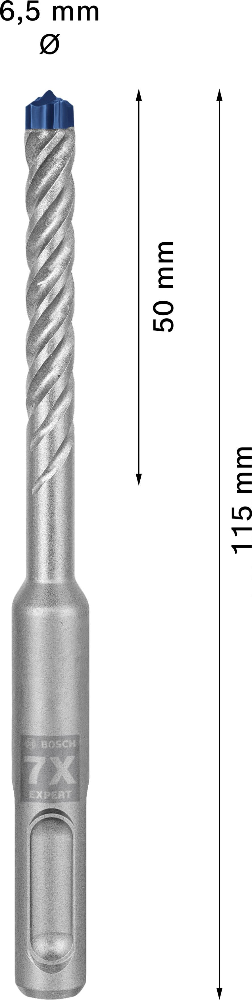 Bohrer mit 6,5 mm Durchmesser und 115 mm Länge, davon 50 mm Schneidelänge. Aus Stahl mit blauer Spitze.