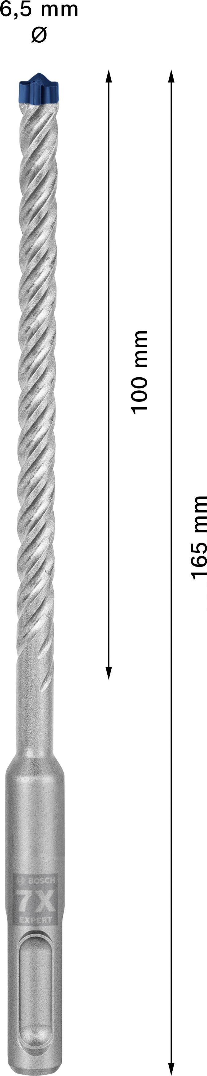 Bohraufsatz, 6,5 mm Durchmesser, 165 mm Gesamtlänge, 100 mm nutzbare Länge, aus Metall mit spiralförmigem Gewinde.