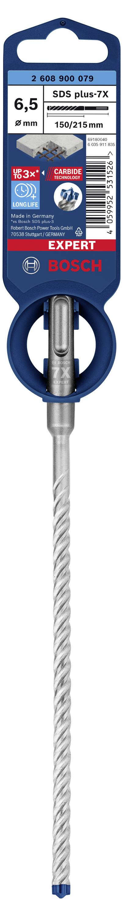 'Bosch Expert Betonbohrer 6,5 mm' mit SDS plus-7X Design und Spiralform. Verpackung zeigt Produktspezifikationen und Markenlogo.