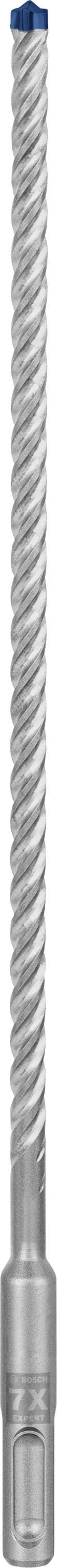 Grauer Bohrer mit spiralförmiger Struktur und blauem Ende, möglicherweise für Betonbohrungen geeignet.