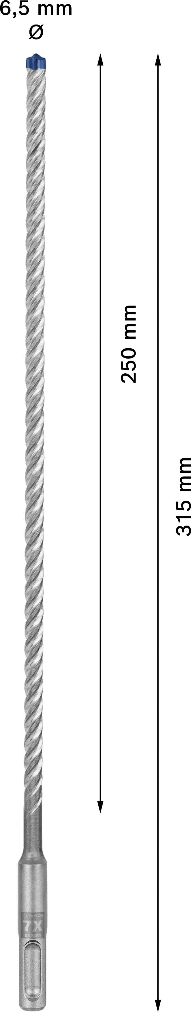 SDS-Bohrer mit 6,5 mm Durchmesser, Gesamtlänge 315 mm, Arbeitslänge 250 mm.