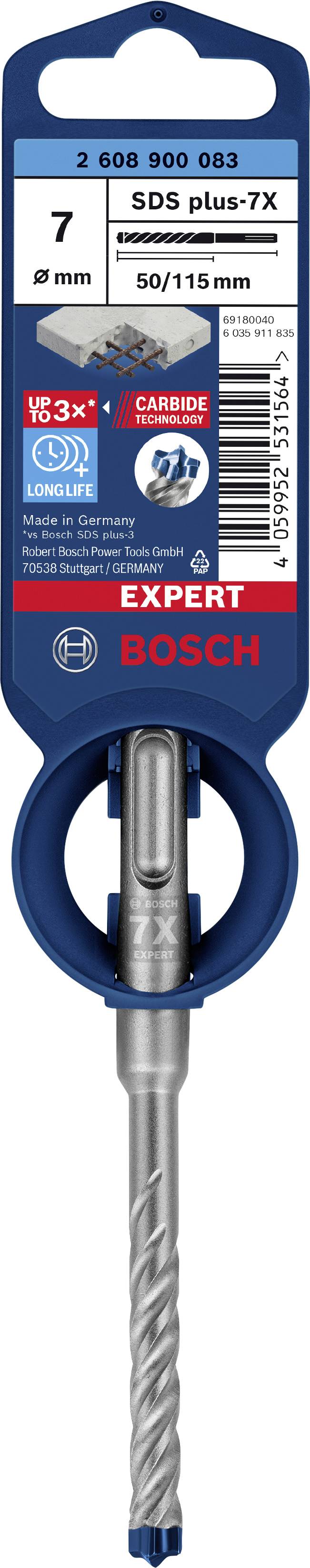 Bohrer mit 7mm Durchmesser, geeignet für Beton, Stahl und mehr, SDS plus-7X, Marke Bosch, Länge 50/115mm, Expert-Kategorie.