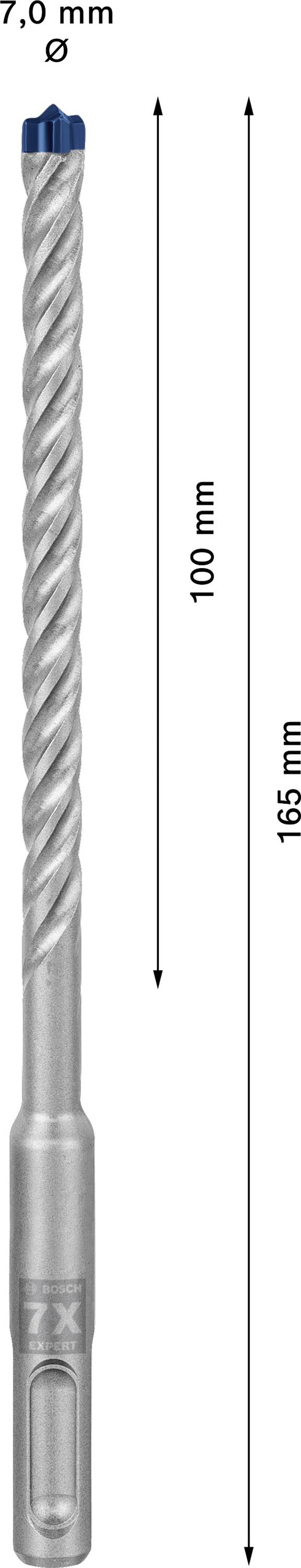 Bohrer mit 7 mm Durchmesser und 165 mm Gesamtlänge. Der Nutzbereich beträgt 100 mm.