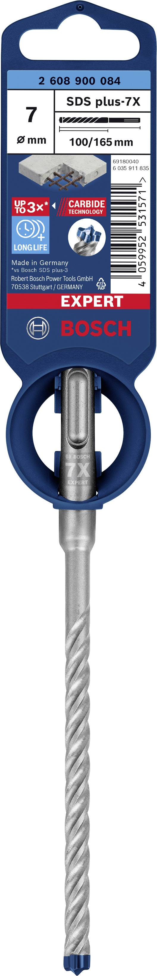Bohrer der Marke Bosch, Modell 'SDS plus-7X', Durchmesser 7 mm, Länge 100/165 mm, geeignet für Betonarbeiten.