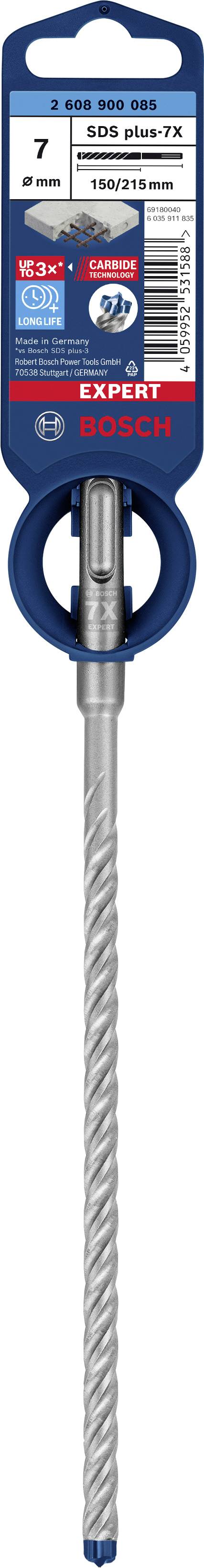 SDS-Plus-Bohrer von Bosch, Durchmesser 7 mm, für Beton und Stein. Langes, spiraliges Design mit robustem Aufbau für effizientes Bohren.