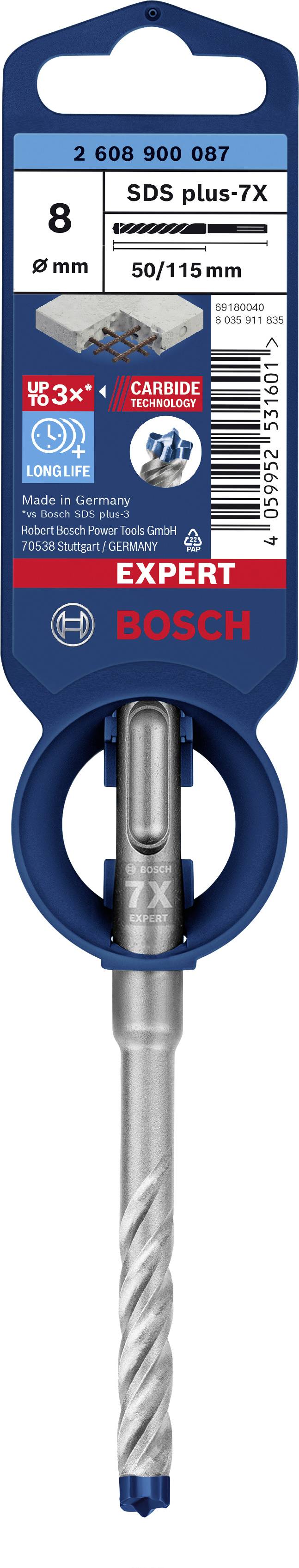 Bohrer von Bosch, 'SDS plus-7X', 8 mm Durchmesser, 50/115 mm Länge, geeignet für harte Materialien, mit langlebigem Hartmetallkopf.