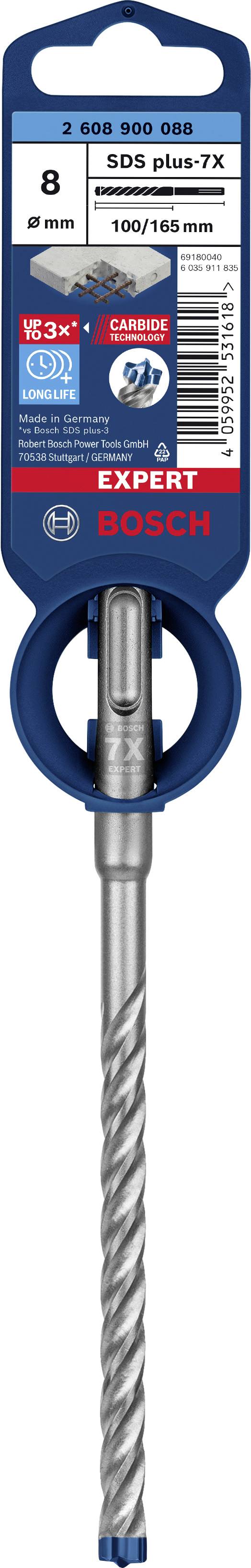 Bohrer SDS plus-7X 8x100/165 mm von Bosch, geeignet für Beton und armierten Beton, mit hoher Langlebigkeit und Präzision.