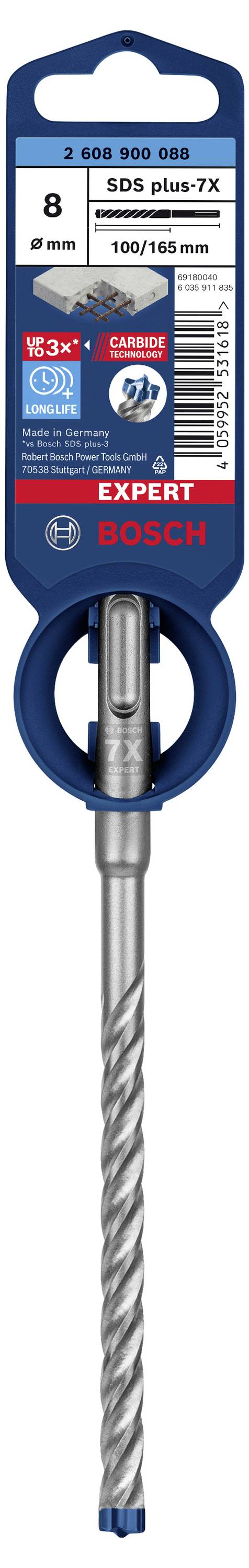 'Bosch Expert' SDS plus-7X Bohrer für Beton, Größe 10x165 mm. Verpackung zeigt 8 mm Durchmesser und Anwendungen für Beton, Stein.