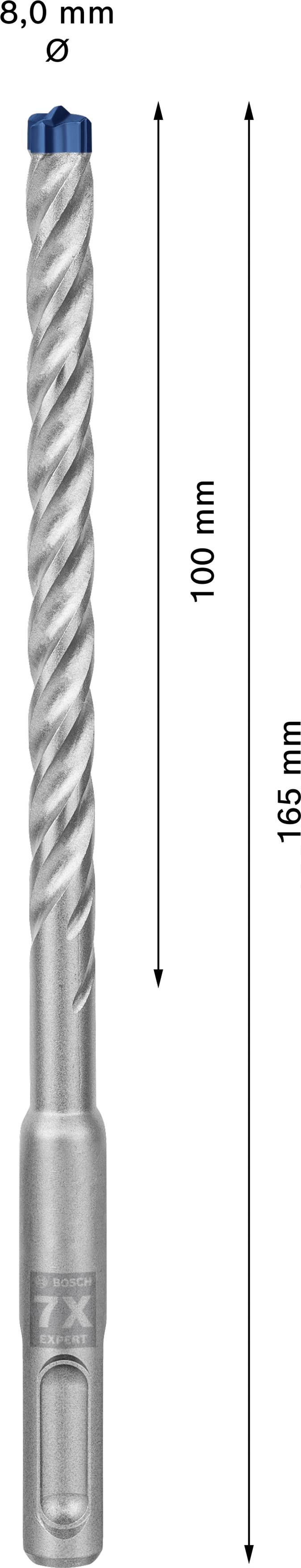 Bohrer, 8,0 mm Durchmesser, Gesamtlänge 165 mm, nutzbare Länge 100 mm, silberne Farbe mit blauer Spitze.