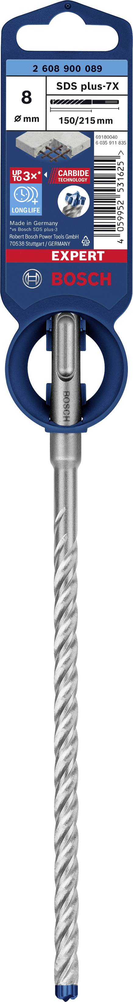 'BOSCH SDS plus-7X Bohrer' mit 8 mm Durchmesser und 150 mm Länge, geeignet für Beton und Granit, dargestellt auf einer Verpackung.