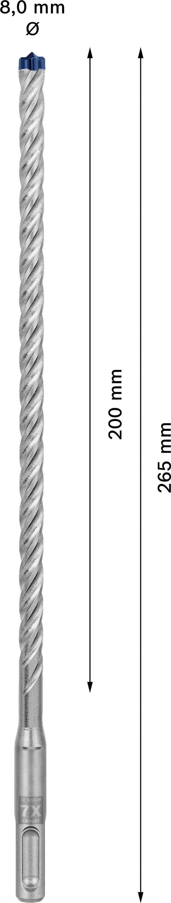 Bohrer mit Länge von 265 mm, Nutzlänge von 200 mm und Durchmesser von 8,0 mm.