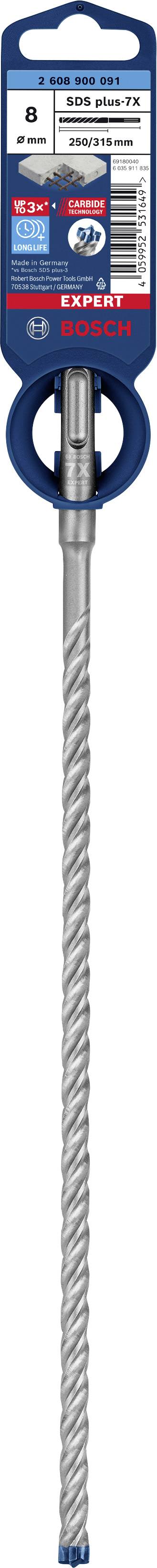 Bohrer mit SDS-plus Aufnahmeschaft in der Größe 8x100mm. Verpackung zeigt Marke mit technischen Details und Anwendungen im Bauwesen.