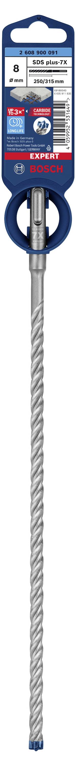 Verpackung eines HSS-Hammerbohrers mit SDS-plus-Aufnahme. Die Marke ist Bosch. Der Bohrer ist für Beton geeignet, 8 mm Durchmesser.