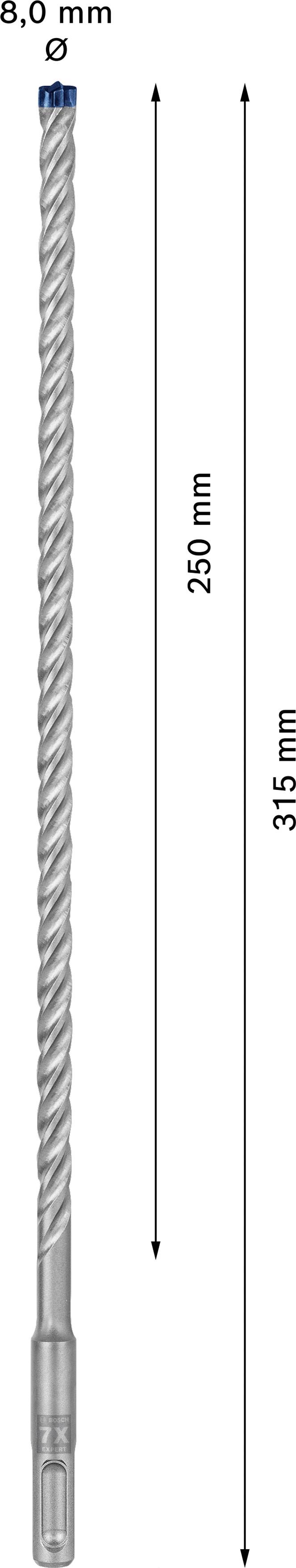 Bohrer mit Durchmesser 8,0 mm, Gesamtlänge 315 mm, Arbeitslänge 250 mm. Pfeile verdeutlichen Längenmaße.