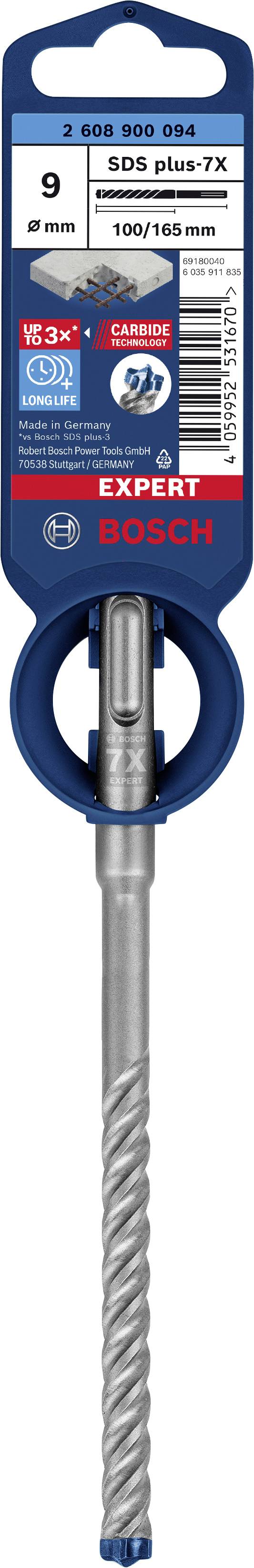 'BOSCH SDS plus-7X Bohrer, 9 mm, 100/160 mm', erkennbar an blauer Verpackung. Geeignet für Betonbohrungen. Markenlogo oben.