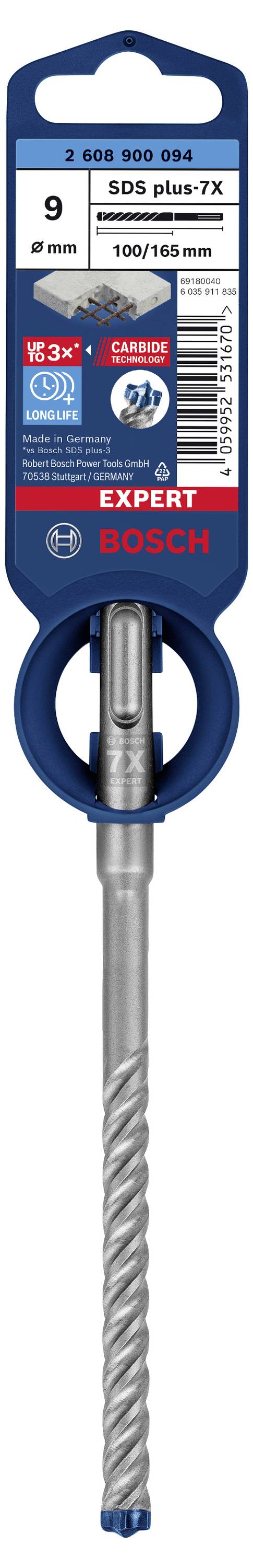 Das Bild zeigt einen Bosch SDS plus-7X Bohrer für Beton, 10x150 mm, mit vier Schneiden für effizientes Bohren. Verpackung ist blau-rot.