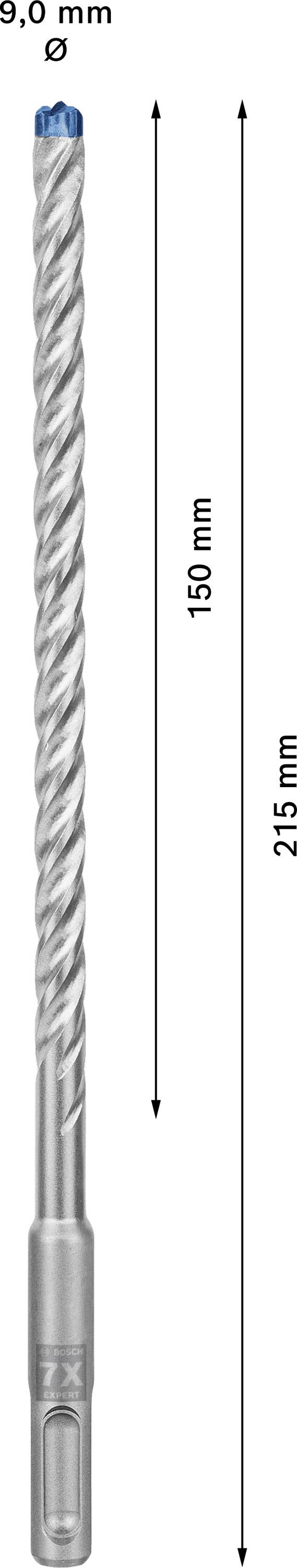 Abgebildet ist ein Bohrer mit den Maßen: Durchmesser 5,0 mm, Länge 150 mm, Gesamtlänge 215 mm.