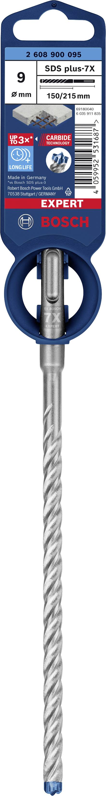 Bohrer Bosch SDS plus-7X, Durchmesser 9 mm, Länge 100 mm, für Beton, Mauerwerk. Verpackung zeigt Produktinformationen und Barcode.