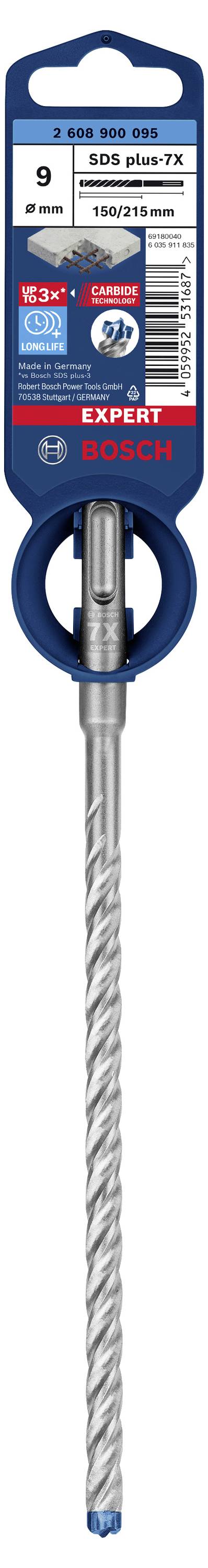'Bosch SDS plus-7X Bohrer, Durchmesser 9 mm, Länge 160/210 mm.' Enthält Produktdetails und Härtetransporttechnologie für Betonbohrungen.