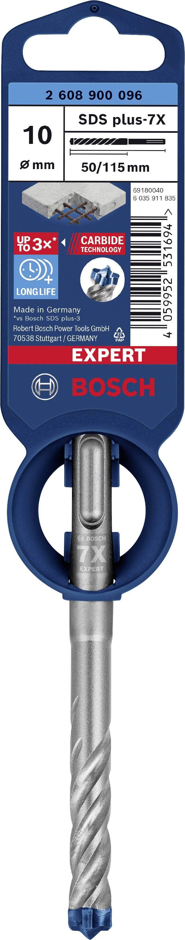 Bohrer SDS plus-7X von Bosch, 10 mm Durchmesser, Länge 50/115 mm, geeignet für Beton. Verpackung zeigt Produktbild und Kennzeichnungen.