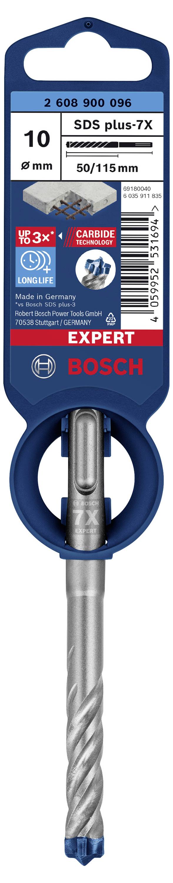 Bohraufsatz von Bosch, SDS plus-7X, Durchmesser 10 mm, Länge 50/115 mm, geeignet für Beton und Stahlbeton, verstärkte Karbidspitze.