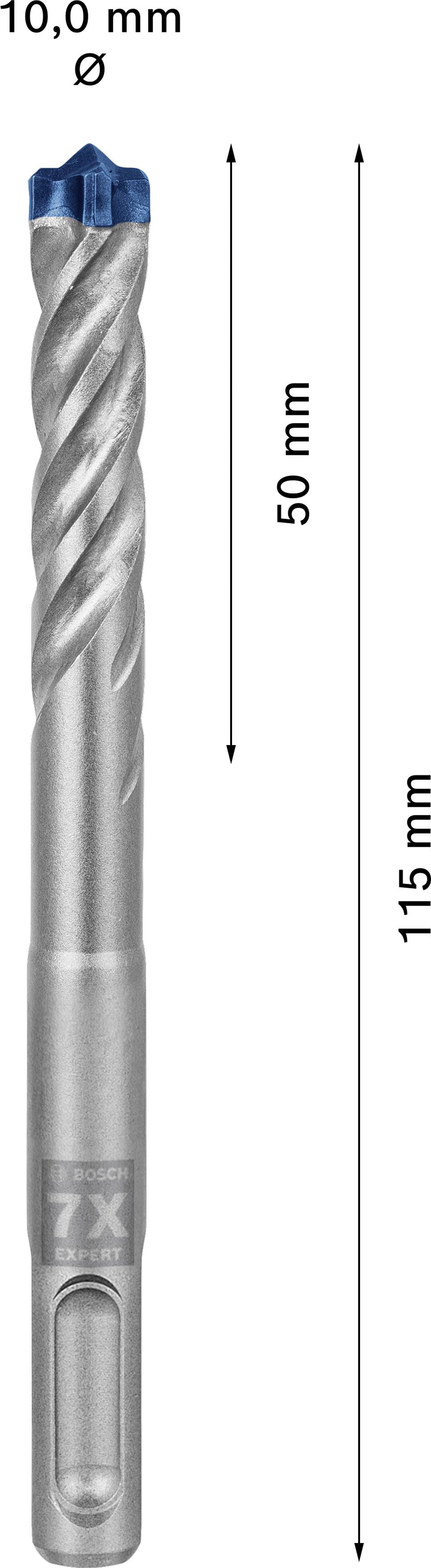 Bohrer mit 10 mm Durchmesser, Gesamtlänge 115 mm, Arbeitslänge 50 mm, spiralförmiger Schaft mit blauer Spitze.