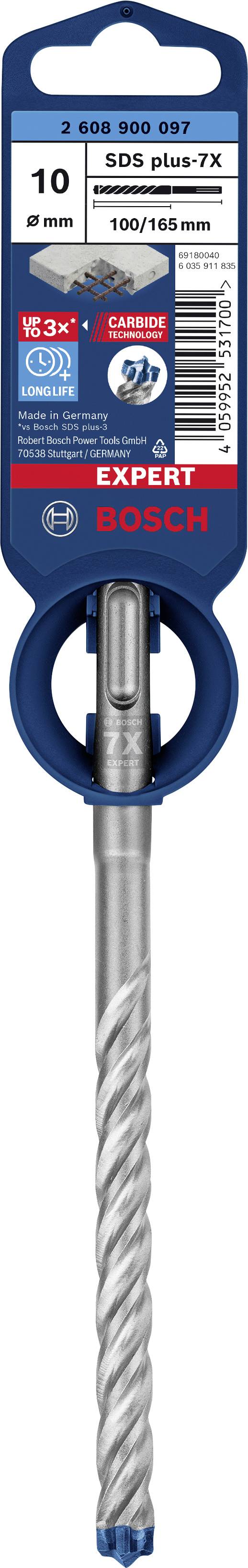 Bohrer für SDS Plus-7X, 10 mm Durchmesser, geeignet für Betonarbeiten mit Betonstahl, verpackt von der Marke Bosch Expert.