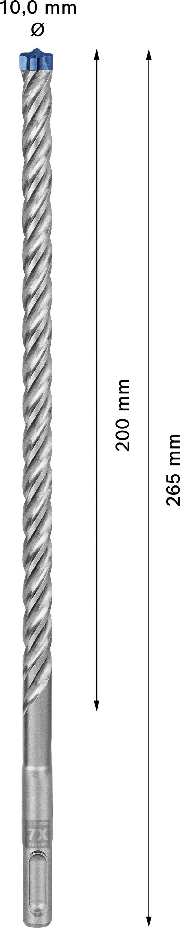 Bild eines Bohrers mit 10,0 mm Durchmesser, Länge von 265 mm, davon 200 mm nutzbar. Spiraldesign, silberne Farbe mit blauem Ende.