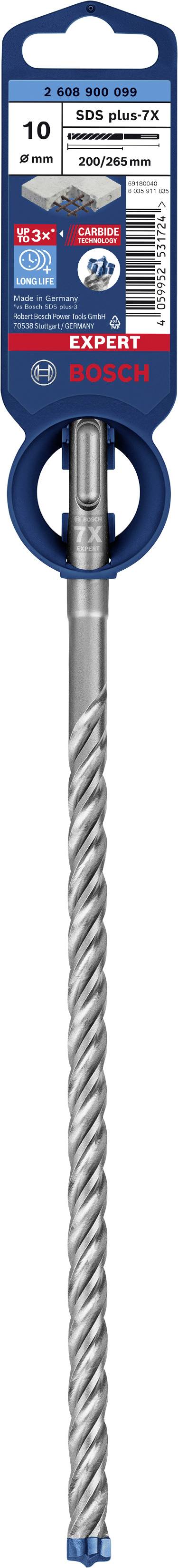 Bohrer von Bosch, Modell SDS-plus-5X, Durchmesser 10 mm, Länge 210 mm, Verpackung mit Produktdetails und Barcode.