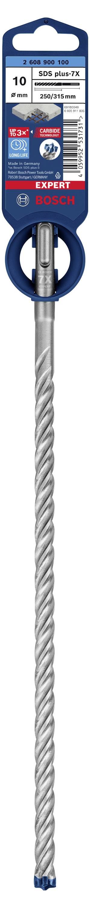 Bohrer mit rotierendem Spiraldesign, passend für Beton oder Mauerwerk. Verpackung zeigt Marke Bosch und Bohrerdurchmesser von 10 mm.