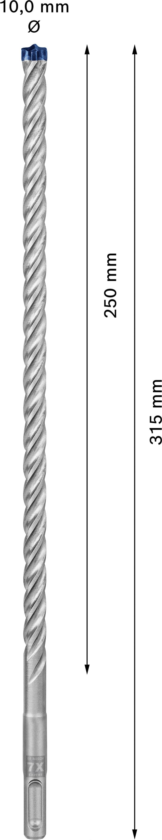 Bohrer mit Durchmesser 10,0 mm und Gesamtlänge 315 mm, Nutzlänge 250 mm. Spiralförmig, silber, mit blauem Ende oben.