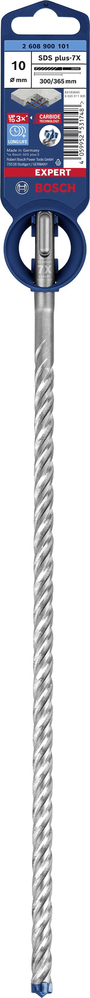 Bohrer mit 10 mm Durchmesser, geeignet für Stahlbeton. Verpackung zeigt Markenlogo und Produktspezifikationen.