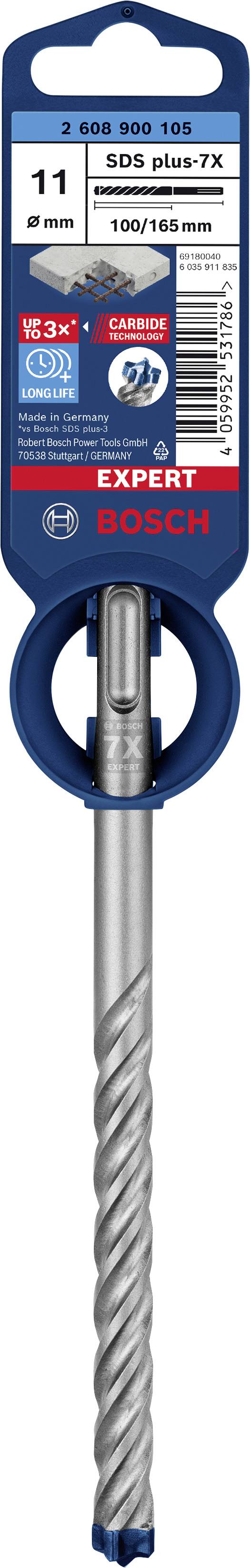 'BOSCH Expert SDS plus-7X' Bohrer, Durchmesser 11 mm, Länge 160/100 mm, zeigt das Produktdesign und technische Details auf der Verpackung.