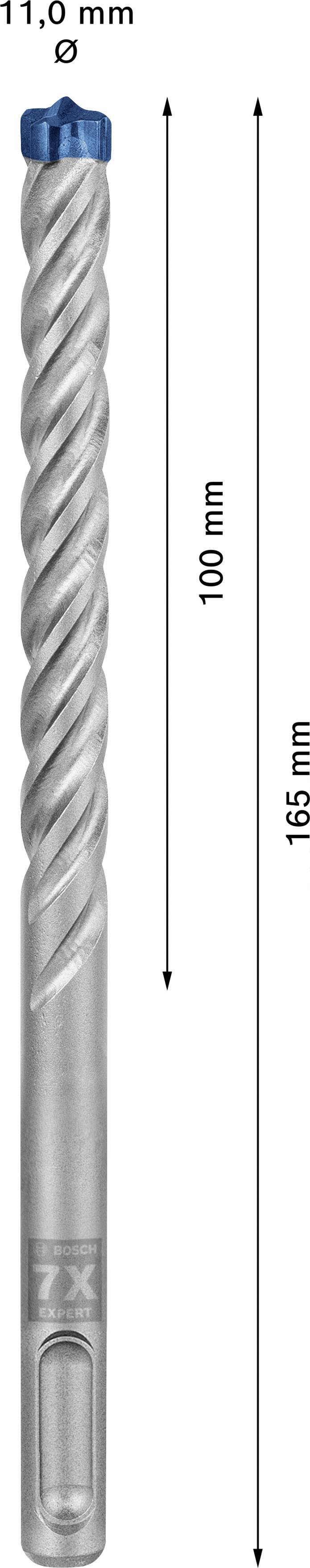 Bohrer mit 11 mm Durchmesser, 100 mm Schneidenlänge und 165 mm Gesamtlänge, mit einer blauen Spitze.