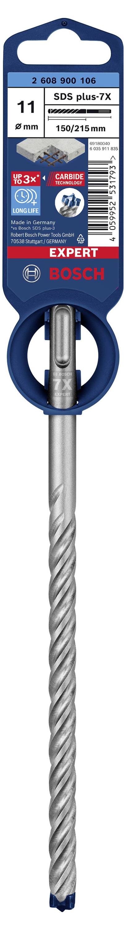 Bohrerspitze der Marke Bosch für Beton. Text: 'SDS plus-7X', 11 mm Durchmesser. Verpackung zeigt QR-Code und Produktnummer.