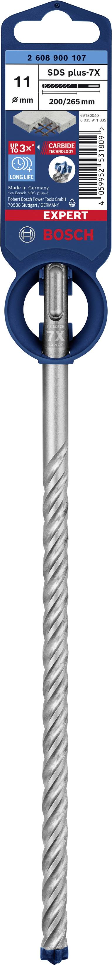 Bohrer mit spiralförmigem Schaft und blauer Etikett, das Details wie Größe, Marke und Produktinformationen anzeigt.