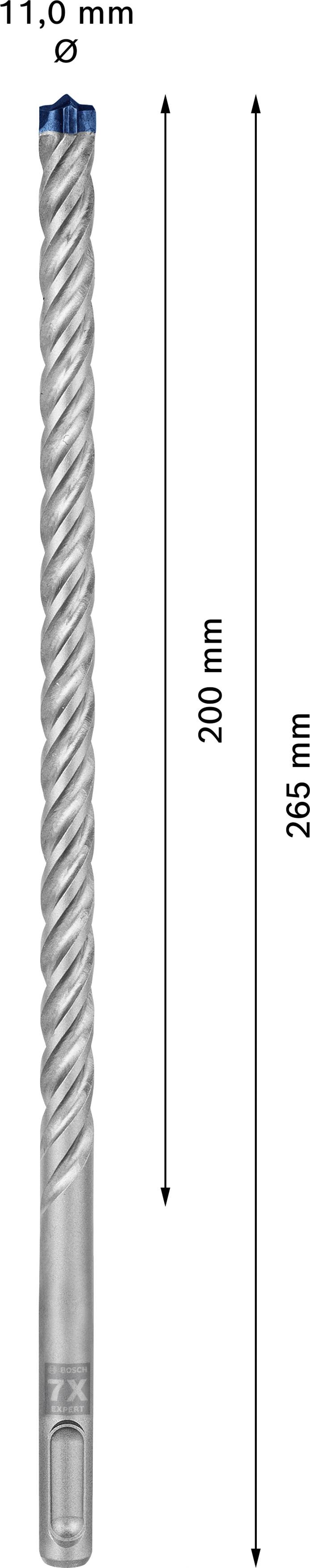 Bohrer mit einem Durchmesser von 11,0 mm und einer Gesamtlänge von 265 mm, wobei die Arbeitslänge 200 mm beträgt.