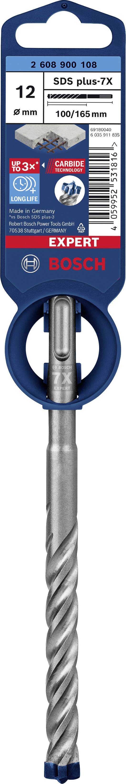'Bosch SDS plus-7X Bohrer', Durchmesser 12 mm, Länge 200 mm, geeignet für Beton. Verpackung zeigt Marke und Bohrergröße.