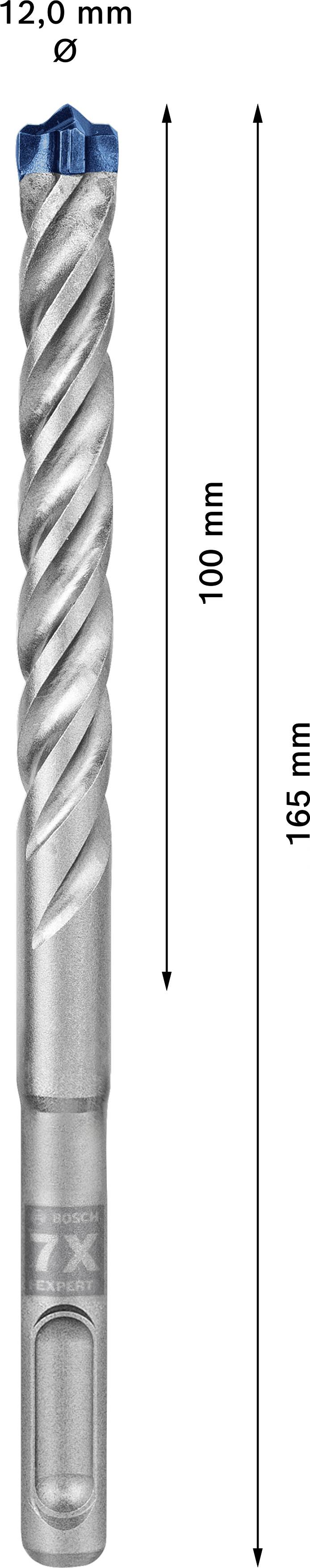 Bohrer mit spiralförmigen Kanten, Durchmesser 12,0 mm, Gesamtlänge 165 mm, Arbeitslänge 100 mm. Spitze in Blau abgesetzt.
