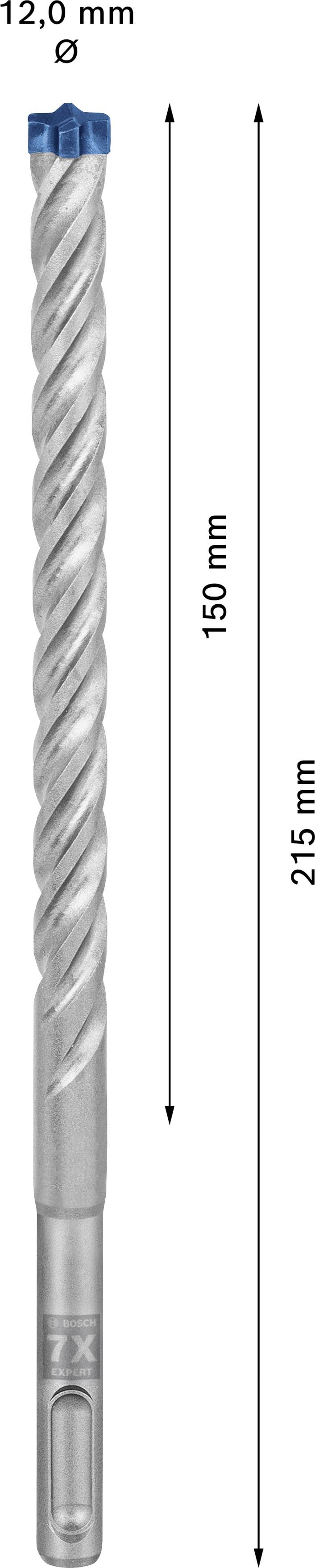 Bohrer mit blauem Kopf, 12,0 mm Durchmesser, 150 mm Bohrlänge, 215 mm Gesamtlänge.
